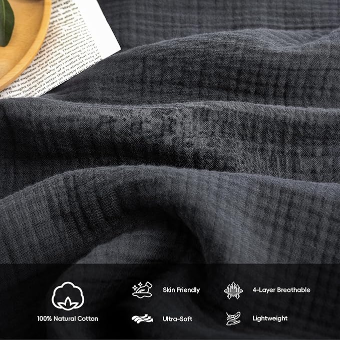 FOSSA Muslin Blanket with Fringe - 4-Layer 100% Cotton Gauze Super Soft & Breathable Throw -Lightweight Decorative Cooling Blanket for Bed, Sofa, Office (Dark Gray, Queen (90" × 90"))