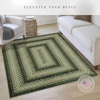 Maples Rugs Marion Bohemian Braided Design Print Area Rug – Made in USA – Low Pile, Non Slip Pet-Friendly Mat for Bedroom, Office, Living & Dining Room, 5' x 7', Green