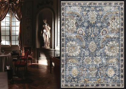 RUGSURE Washable Area Rugs - Perfect for Living Room, Bedroom, Kids Room, Nursery - Stain & Water Resistant Non-Slip, Pet & Child Friendly, Vintage Tribal Area Rugs (Navy, 4' x 6')
