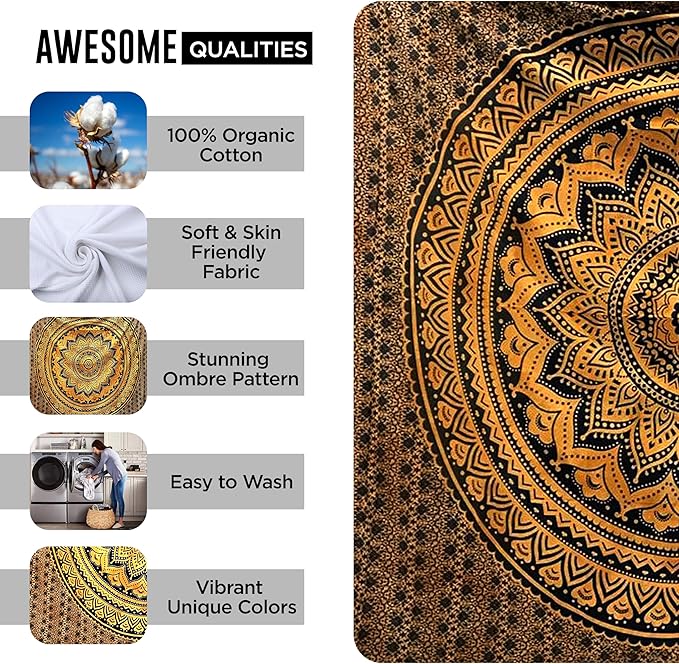 Rajsee Black Gold Mandala Tapestry for Bedroom - Aesthetic Indie Boho Trippy Wall Hanging 82x92 Inches