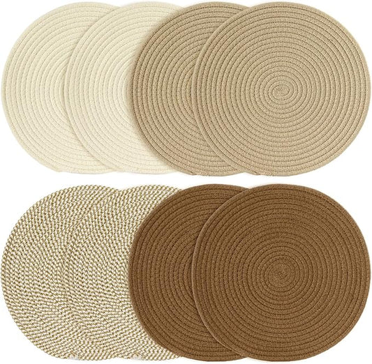 Round Woven Placemats Set of 8 Heat Resistant Placemats 13.5 Inches Farmhouse Cotton Rope Place Mats for Dining Tables Trivets for Hot Dishes Kitchen Décor, Mixed Brown