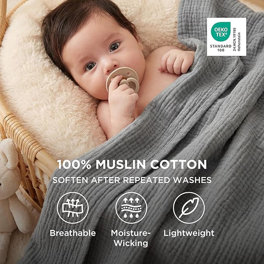 Bedsure 100% Cotton Muslin Throw Blanket Large 50x70 Inches - 4-Layer Breathable and Lightweight Thin Soft Summer Gauze Muslin Blankets for Adults, Grey, Boho Cotton Throw for Couch
