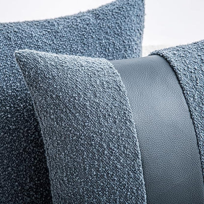 18"x18" Denim Blue Boucle Throw Pillow Covers with Faux Leather Accents Set of 2 Fluffy Textured Decorative Pillow Cases for Couch Bed Boho Farmhouse Square Cushion Covers for Nordic Home