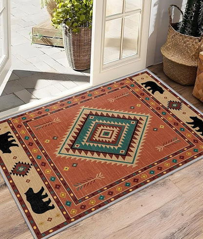 Cabin Rug 5x8 - Bear Southwestern Aztec Area Rugs for Living Room Bedroom, Rustic Lodge Machine Washable | Non-Slip | Soft Large Carpets, Native American Room Decor (Orange Tan Black)