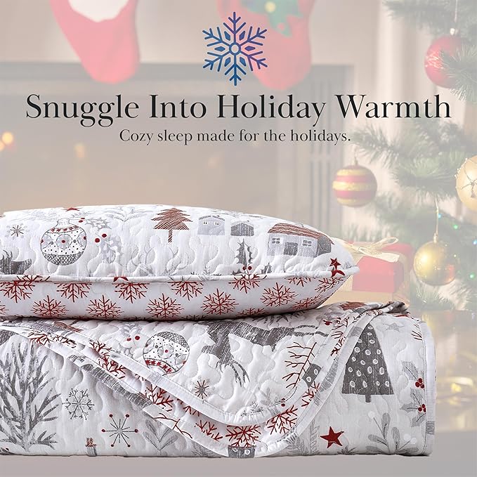 Southshore Fine Living, Inc. Holly Jolly Christmas Quilts Queen Size, Christmas Bedding Set 3-Piece Oversized Holiday Quilt Set with Quilted Shams, Full/Queen