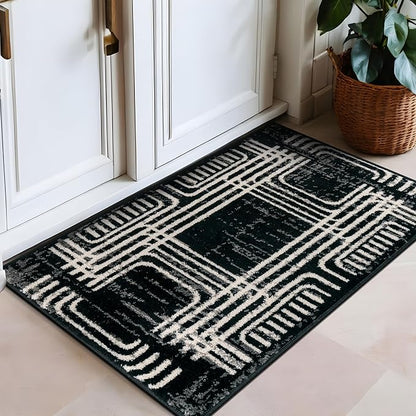 Rugshop Black and White Geometric Area Rug – Abstract Curved Line and Square Pattern Carpet for Living Room, Bedroom, or Office – Contemporary Soft Floor Décor 2' x 3' Black