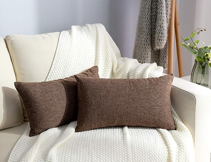 Stellhome Rectangle Linen Throw Pillow Covers Solid Fall Decorative Cushion Covers Pillowcase for Home Decoration, Set of 2, 12 x 20 inch (30 x 50 cm), Brown