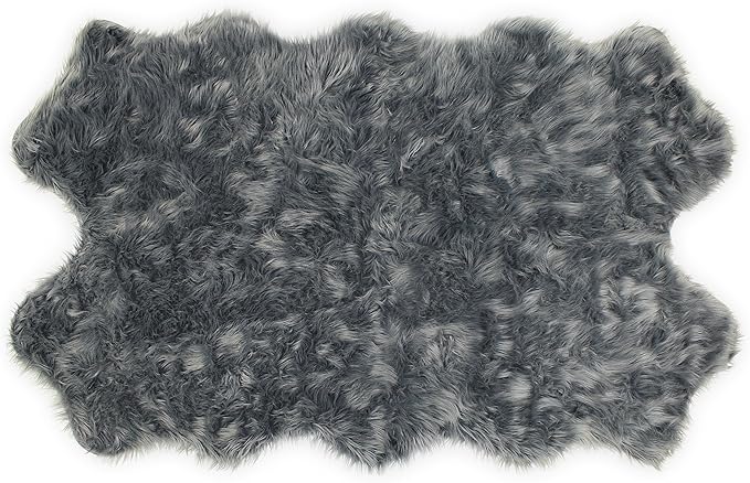 Nouvelle Legende Faux Fur Sheepskin Rug Quattro, Soft, Plush, Premium High-Pile Accent Rug for Bedrooms, Hallways & Living Spaces, Warm & Cozy, Faux Leather Backing, Easy Care, 43" x 73", Gray