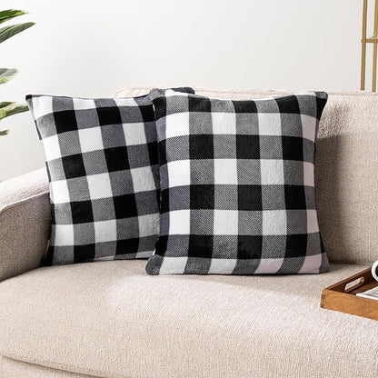 PAVILIA Checker Plaid Throw Pillow Covers 20x20 Set of 2, Decorative Pillow Cases Bed Sofa Couch, Boho Aesthetic Accent Decor Cushion Bedroom Living Room, Velvet Square Euro Sham Covers, Black White