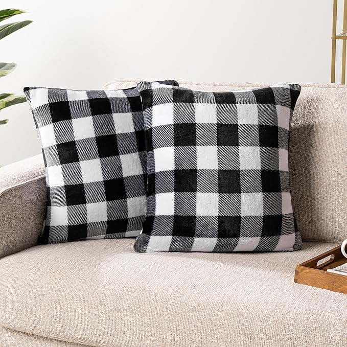 PAVILIA Checker Plaid Throw Pillow Covers 18x18 Set of 2, Decorative Pillow Cases Bed Sofa Couch, Boho Aesthetic Accent Decor Cushion Bedroom Living Room, Velvet Square Euro Sham Covers, Black White