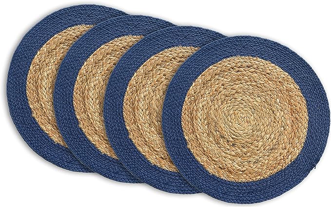 CHARDIN HOME Round Verona Woven Jute & Cotton Braided PLACEMAT (Set of 4), Size -15 inch, Round, Color - Natural Jute with Royal Blue Border
