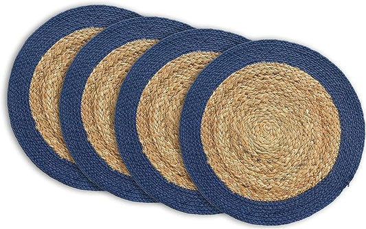 CHARDIN HOME Round Verona Woven Jute & Cotton Braided PLACEMAT (Set of 4), Size -15 inch, Round, Color - Natural Jute with Royal Blue Border