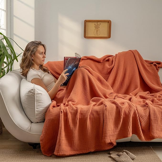 Muslin Blanket - Pure 100% Turkish Cotton Airy Soft Light Versatile Gauze Throw Blanket for Bed, Couch, Sofa (Brick, Throw Size (50" x 66" inch))