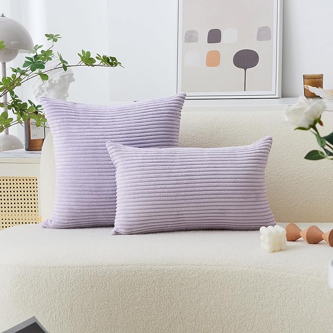 Home Brilliant Purple Throw Pillow Covers 24x24 Set of 2 Decorative Pillow Covers for Couch Striped Velvet Corduroy Accent Pillow Cover for Couch Chair, 24 x 24 Inch, Lavender