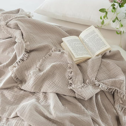 MooMee Muslin Blanket - 100% Cotton 4-Layer Gauze Throw Blanket with All-Around Fringe, Ultra-Soft Breathable Lightweight Cooling Decorative for Bed, Sofa & Couch (Cream Grey,King 104" x 90")