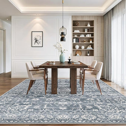 8x10 Area Rugs for Living Room, Stain Resistant Washable Rugs for Dining Room, Kitchen, Floral Vintage Non-Slip Thin Large Area Rug(Blue, 8'x10')