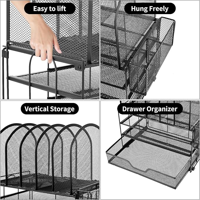 Desk Organizers and Accessories with Drawer, File Organizer with 5 Vertical File Holders and Pen Holders, Office Desk Accessories Workspace Desktop Organizers for Office Supplies (Black)