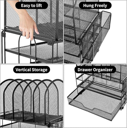Desk Organizers and Accessories with Drawer, File Organizer with 5 Vertical File Holders and Pen Holders, Office Desk Accessories Workspace Desktop Organizers for Office Supplies (Black)