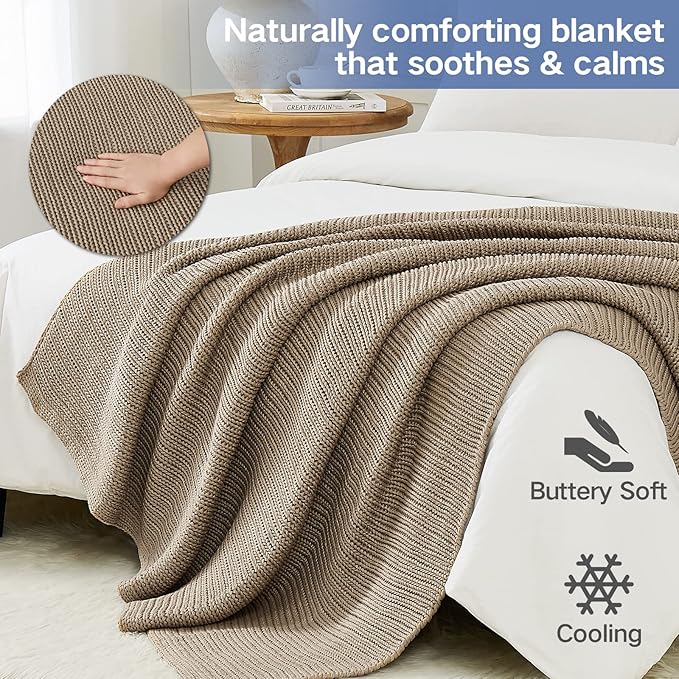 Guohaoi Knitted Weighted Blanket for Adults (Beige 48"x72" 12lbs) No Beads Cooling Throw Blanket for Hot Sleepers, Home Decor Breathable Chunky Knit Heavy Blanket Use on Full Size Bed