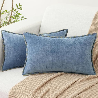 decorUhome Spring Chenille Soft Throw Pillow Covers 12x20 Set of 2, Lumbar Velvet Farmhouse Neutral Decorative Pillow Covers with Stitched Edge for Couch Sofa Bed Home Decor, Blue