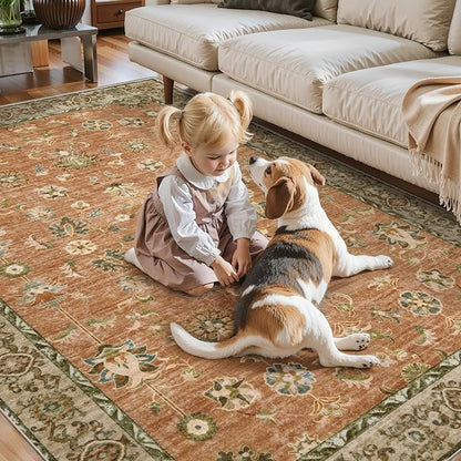 Tangsoo 3x5 Floral Area Rug Washable Non-Slip Low Pile Vintage Boho Distressed Carpet for Bedroom, Entryway, Kitchen, Office, Foyer Decor - Pet & Child Friendly (Terracotta)