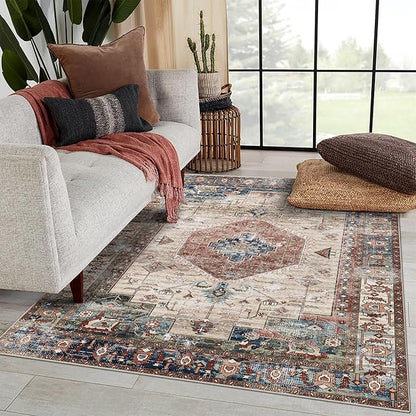 vivorug 5x7 Area Rugs - Ultra-Thin Washable Rug with Non-Slip Backing, Ideal for Living Room, Bedroom, Kitchen Floor Carpet - Vintage Style, Easy Clean, Durable, Low Pile Rug Brown