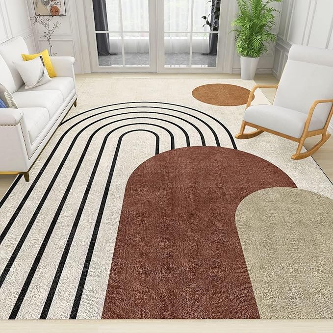 Mid Century Geometry Boho Sun Area Rug,Minimalism Black Stripe Art Large Rugs, Indoor Non-Slip Kids Rugs, Machine Washable Breathable Durable Carpet for Front Entrance Floor Decor,6 x 8ft