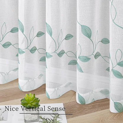 Tollpiz Teal Blue Leaf Sheer Tier Curtain Leaves Embroidered Kitchen Curtains Rod Pocket Voile Bathroom Window Treatment for Cafe, 30 x 36 inches Long, Set of 2 Panels