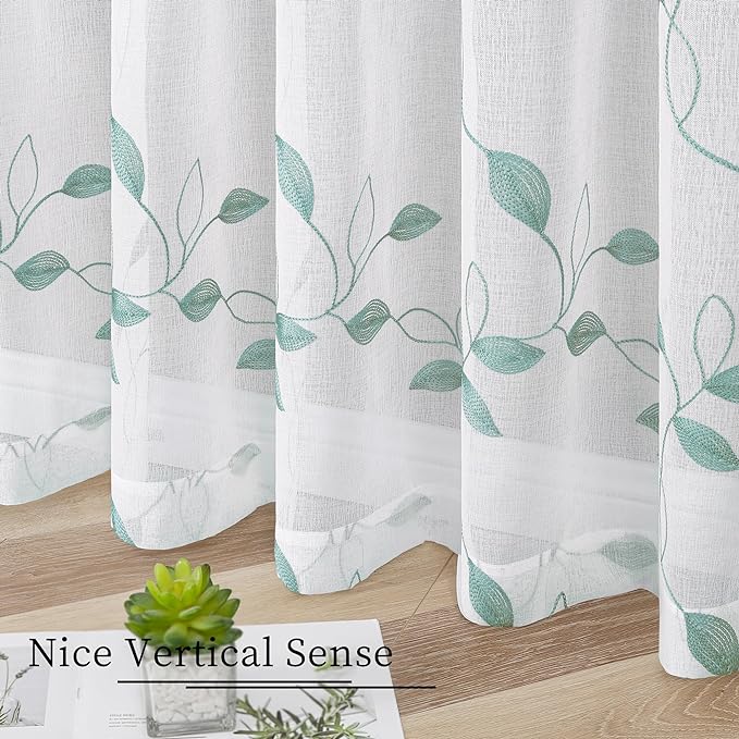 Tollpiz Teal Blue Leaf Sheer Curtain Leaves Embroidered Bedroom Curtains Rod Pocket Voile Window Treatments for Living Room, 38 x 63 inches Long, Set of 2 Panels