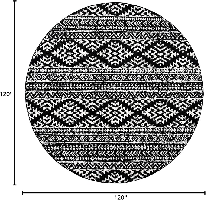 SAFAVIEH Tulum Collection Area Rug - 10' Round, Black & Ivory, Moroccan Boho Tribal Design, Non-Shedding & Easy to Clean, Ideal for Living Room, Bedroom, Dining Space (TUL272Z)