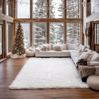Super Area Rugs White Faux Sheepskin Rug, Large 6 x 9 Feet Living Room Rug, Soft Carpet for Bedroom, Machine Washable Floor Covering