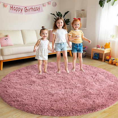 Round Fluffy Rugs 4Ft for Girls Bedroom, Blush Pink Shag Circle Kids Rug Non-Slip for Bedside Dorm Nursery Playroom, Soft Cute Area Rugs for Living Room Decor