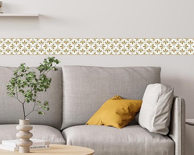 FLFK Wallpaper Border Gold and White Patterns Peel and Stick Wall Border Self Adhesive Wallpapers for Living Room Bedroom Kitchen Bathroom 5"x240"