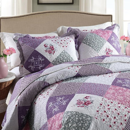HoneiLife Quilt Set King Size - 3 Piece Microfiber Quilts Reversible Bedspreads Patchwork Coverlets Floral Bedding Set All Season Quilts-Little Rose,Purple