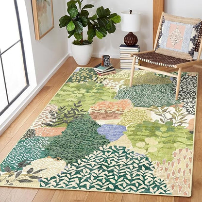 DEXDE Washable Area Rug 3x5 for Living Room, Tropical Vintage Leaf Botanical Rugs Non Slip Soft Kids Room,Abstract Small Boho Carpet for Bedroom, Entryway, Kitchen, Office Dining Room,Green
