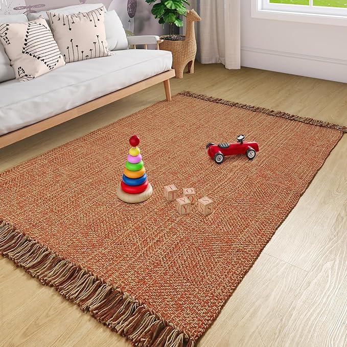 Collive Comfy Area Rug 4' x 6', Terra Woven Cotton Bedroom Rugs, Modern Indoor Accent Rug Floor Carpet with Tassel for Living Room, Nursery Room, Dining Room, Bedside