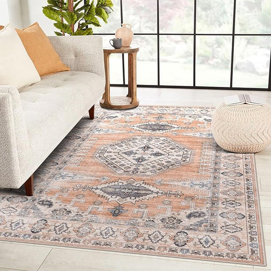 vivorug 3x5 Rug, Small Area Rug for Living Room, Bedroom, Kitchen, Machine Washable Non-Slip Throw Rug, Vintage Distressed Carpet for Entryway Nursery Dinner Room, Orange