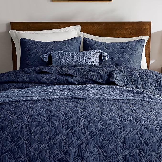 WDCOZY 100% Cotton Oversized King Quilt Set - Navy Blue California Cal King Size Soft Lightweight Modern Bedspread, Farmhouse Country Rustic Coverlet, Textured Like Linen, Shabby Chic Bedding