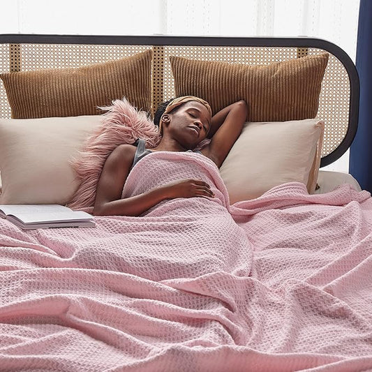 Bedsure Gentlesoft 100% Cotton Blanket Queen Size for Bed - Breathable and Soft, Thick Cozy Waffle Weave Christmas Blanket Gift for Women, Pink, 90x90 Inches