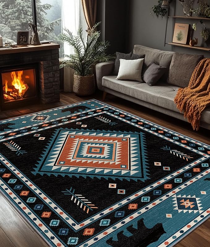 Native Amrican Rug 5x6 - Southwestern Bear Cabin Area Rugs for Bedroom Living Room, Rustic Bohemian Machine Washable | Non-Slip | Soft Carpets, Southwest Room Decor (Teal Orange Black)