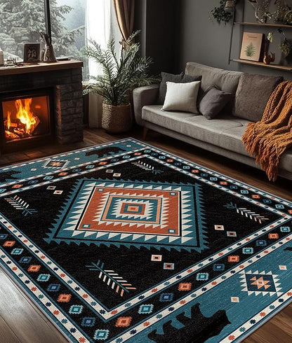 Native Amrican Rug 5x6 - Southwestern Bear Cabin Area Rugs for Bedroom Living Room, Rustic Bohemian Machine Washable | Non-Slip | Soft Carpets, Southwest Room Decor (Teal Orange Black)