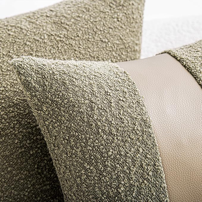 24"x24" Moss Green Boucle Pillow Covers with Faux Leather Accents Set of 2 Fluffy Textured Decorative Throw Pillow Cases for Couch Bed Boho Farmhouse Square Cushion Covers for Home Décor