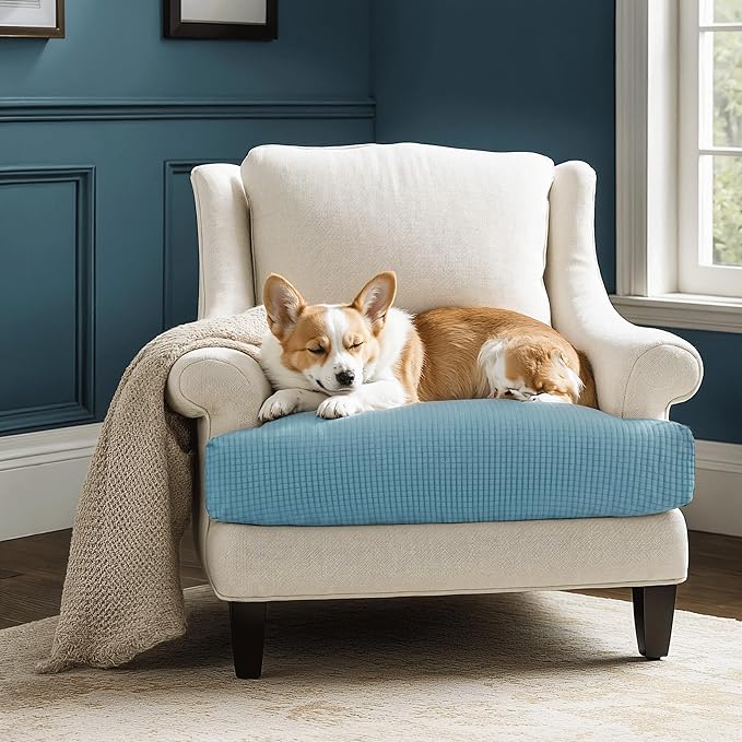 CHUN YI Small Couch Cushion Cover Stretch, Sofa Seat Slipcovers for Pets, Suitable for Armchair Loveseat Sofa with Spandex Jacquard Washable Fabric(Small,Smoky Blue)