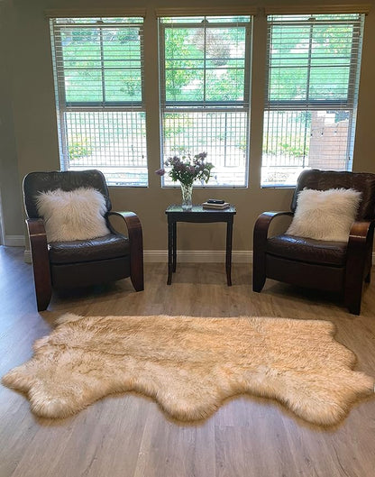 LAMBZY Faux Sheepskin Super Soft Hypoallergenic Silky Shag Rug for Living Room, Kids Room, Sofa (Triple Side by Side 3'x6', White/Brown Tips)