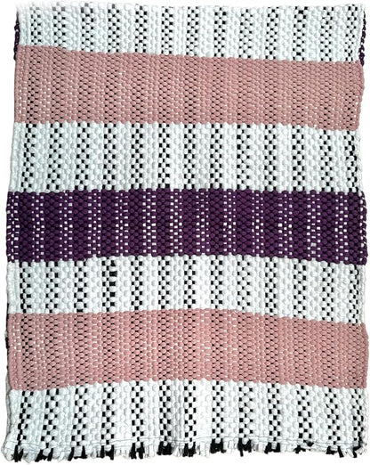 Handmade Mexican Chindi Rug-Colorful Washable Boho Rag Rug 5x2 ft Woven Runner for Kitchen, Bedroom, or Bath, Hippie Area Mat with Tassels, Mexican Style Floor Carpet-Rustic (Stripes Pink and Purple)