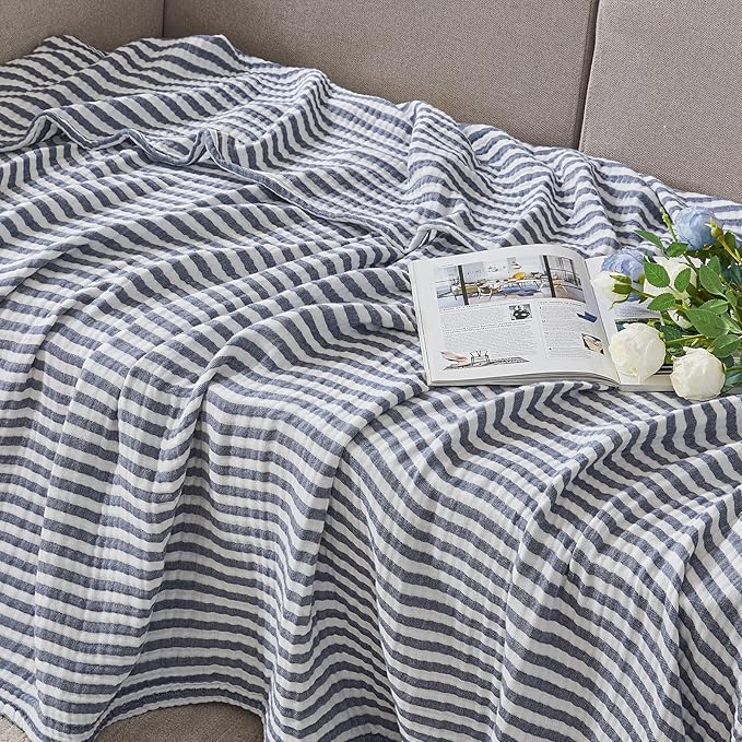 EMME Cotton Muslin Twin XL Blanket Breathable Gauze Soft Lightweight Adults Gifts for Women (Striped Navy, 66"x90")