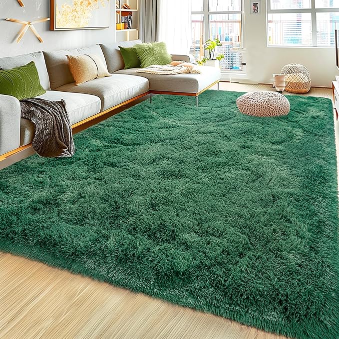 Large 9x12 Area Rugs for Living Room, Ultra Soft Shag Living Room Rug Thick Fluffy Rug for Bedroom, Plush Fuzzy Carpet for Girls Boys Kids Room Non Slip Dorm for Home Decor Aesthetic, Dark Green