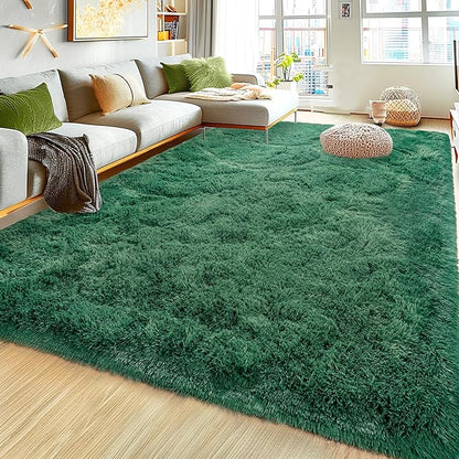 Ultra Fluffy Area Rugs for Living Room Bedroom, 6x9 Fuzzy Large Living Room Rugs, Thick Shag Rug for Dorm, Soft Non Slip Kids Girls Boys Rug for Home Decor Aesthetic, Dark Green