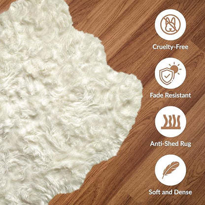 Luxe Gordon Faux Fur Rug with Soft and Fluffy Pile | Machine Washable Living Room Rug with Anti-Slip Backing | Cruelty-Free Area Rugs for Office or Bedroom, White, 4 ft x 6 ft