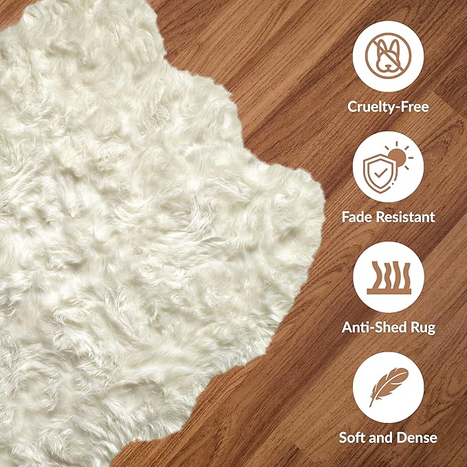 Luxe Gordon Faux Fur Rug with Soft and Fluffy Pile | Machine Washable Living Room Rug with Anti-Slip Backing | Cruelty-Free Area Rugs for Office or Bedroom, White, 5 ft x 6 ft